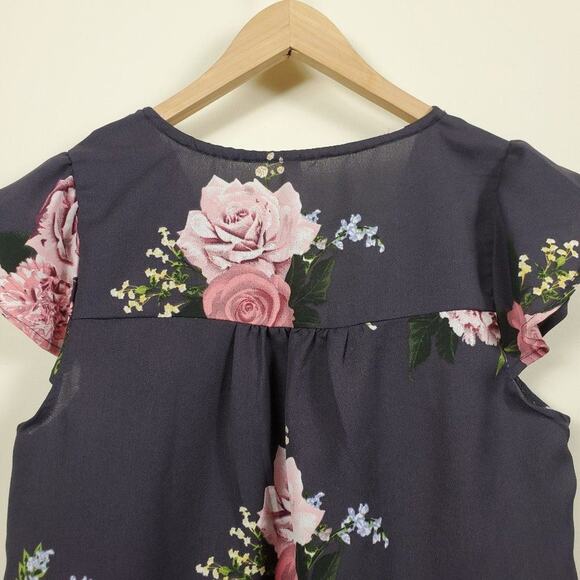 Live 4 Truth Floral Blouse Womens Size S Dark Gray Pink V Neck Cap Sleeve - Picture 7 of 11